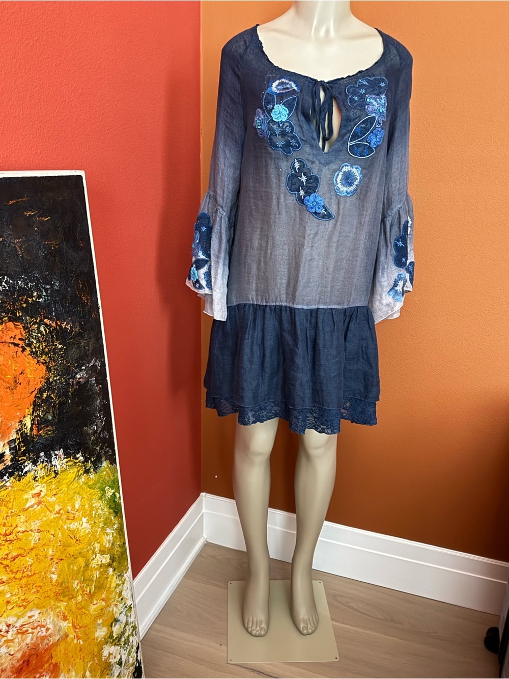 St. Barts Navy Embroidered Tie-Front Swim Coverup Dress
